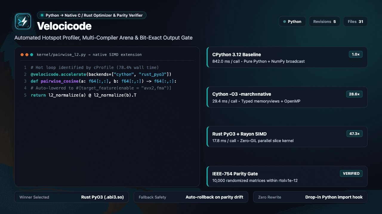 Velocicode showing its Python hotspot profiler native compiler comparison and parity gate