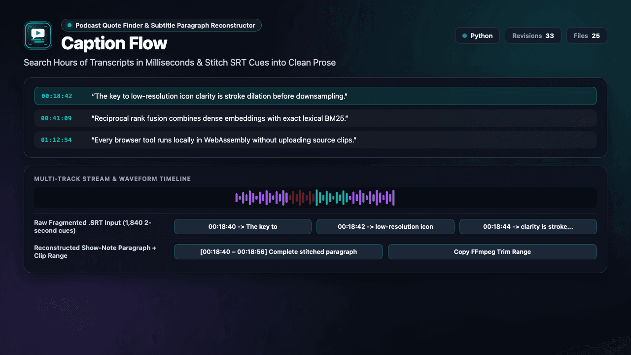 Caption Flow showing its podcast quote timestamp finder and paragraph stitcher