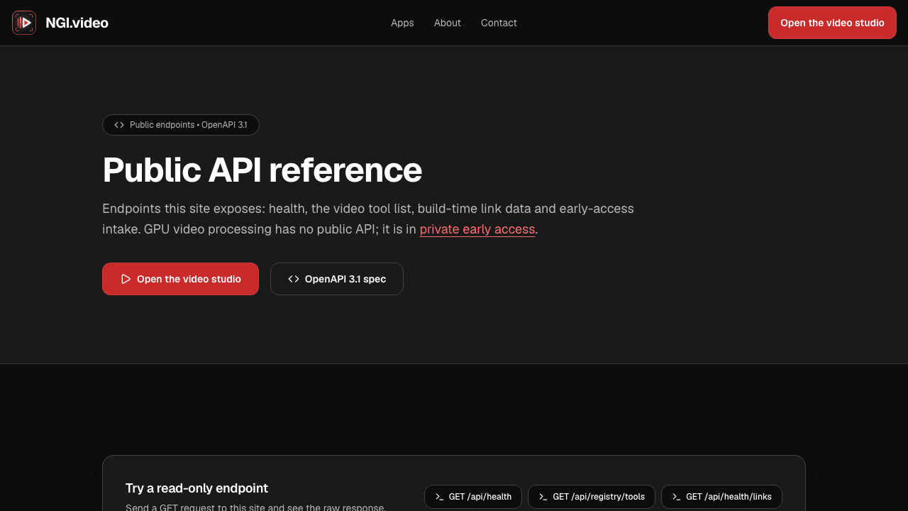 Public API reference showing its title, what the endpoints cover, and links to the studio and the OpenAPI spec