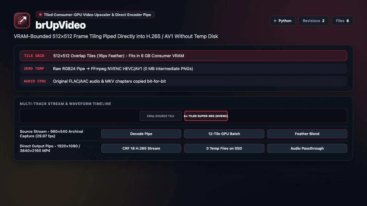 brUpVideo showing its tiled consumer GPU video upscaler and audio stream preservation