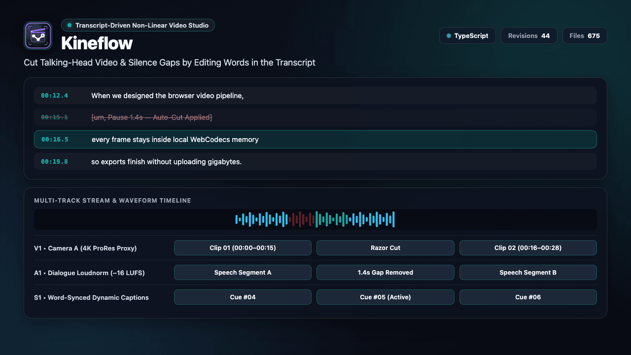 Kineflow showing its transcript editor synced with the video timeline and silence cutter
