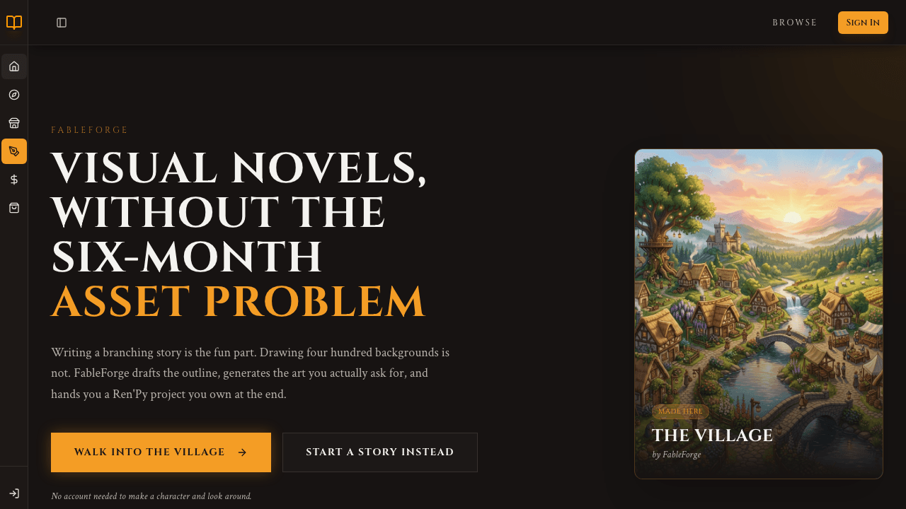 FableForge showing its home page with a painted village and buttons to walk in or start a story
