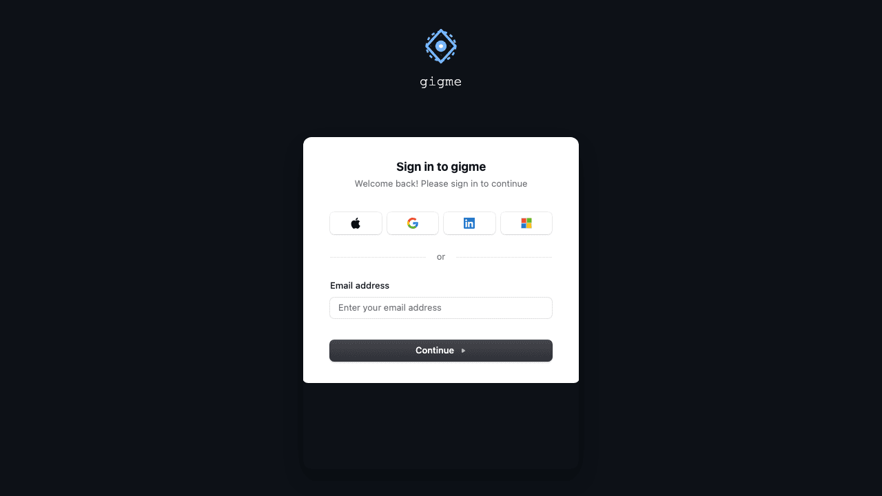 GigMe showing its sign-in page