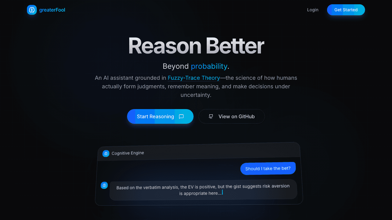 GreaterFool showing its home page with a sample question about taking a bet