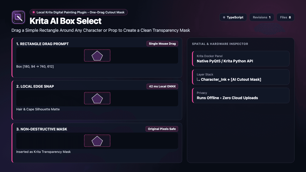 Krita AI Box Select showing its dockable Krita panel and one-drag cutout mask