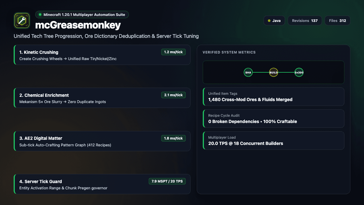 mcGreasemonkey showing its unified ore dictionary server tick tuning and recipe verifier