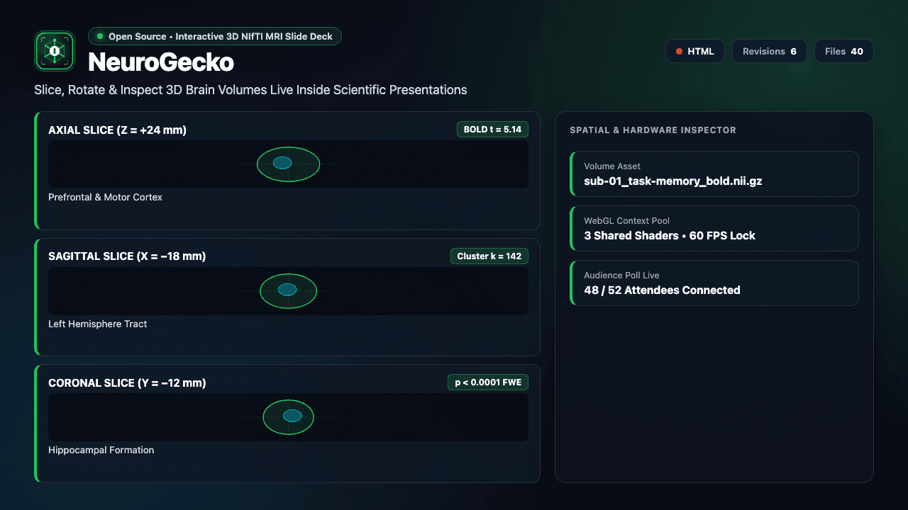 NeuroGecko showing its interactive brain MRI volume slicer and slide deck controls