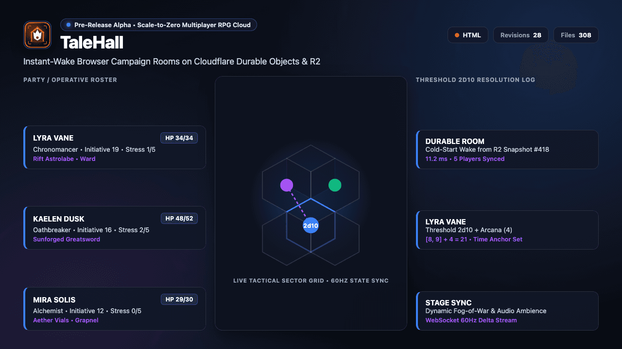 TaleHall showing its instant-wake browser RPG room router and snapshot storage overview