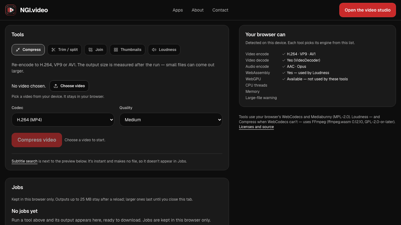 Video Studio showing its tools with Compress selected, its codec and quality settings, and what your browser can do