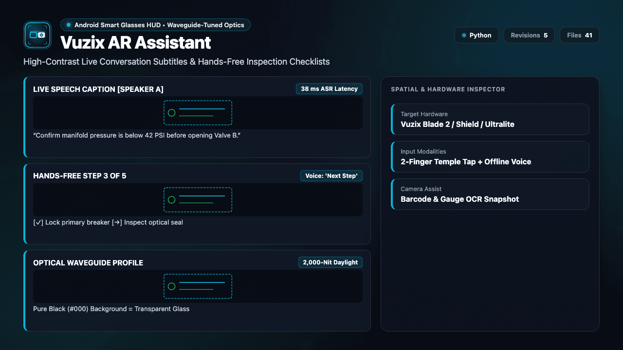 Vuzix AR Assistant showing its smart-glass live caption display and hands-free checklist